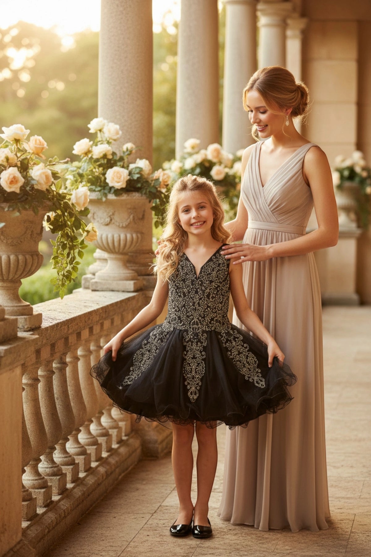 Showcasing with contrasting ornamental lace on the bodice, this Black kids party dress displays elegant detail.