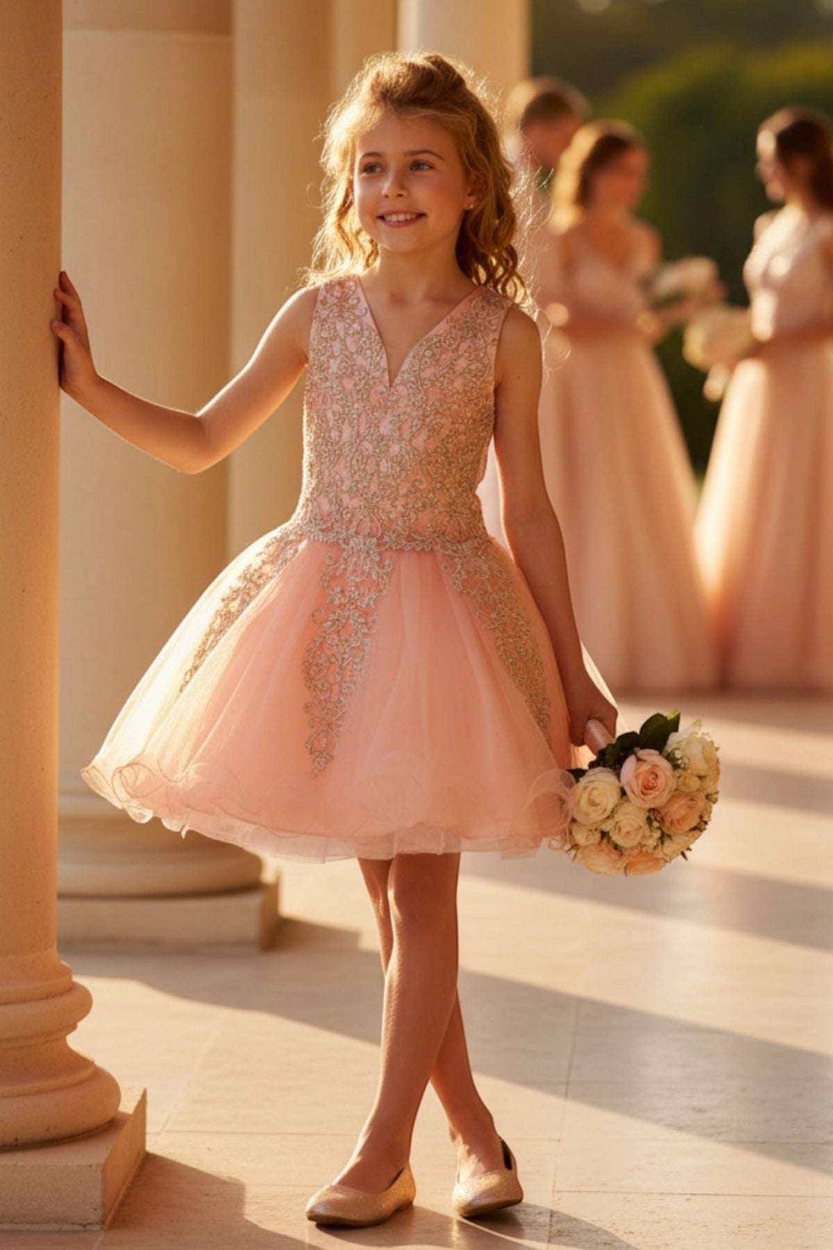 Detailed by a V-shaped back with ornamental lace, the Blush kids party dress reveals its construction.