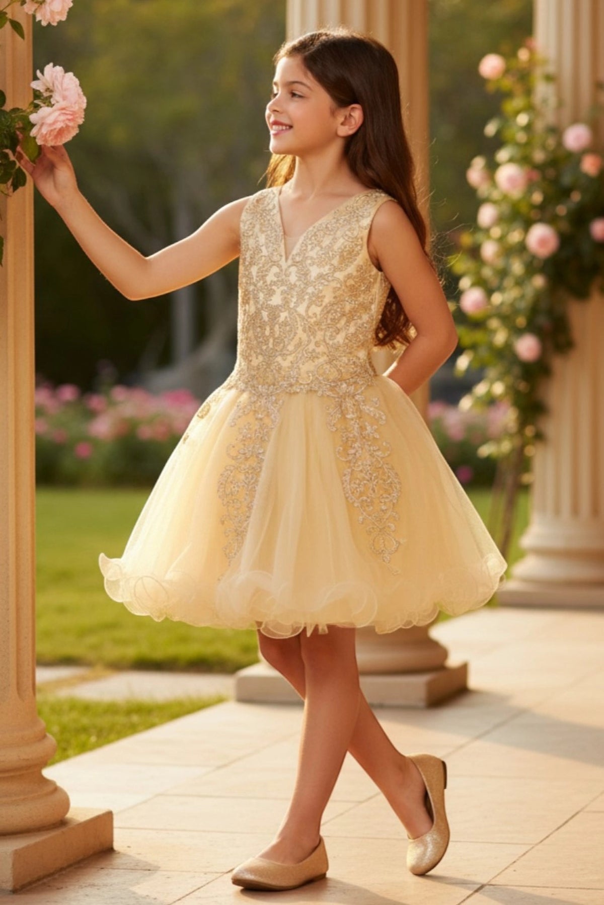Finished details of a V-shaped back with ornamental lace distinguish the Champagne kids party dress.
