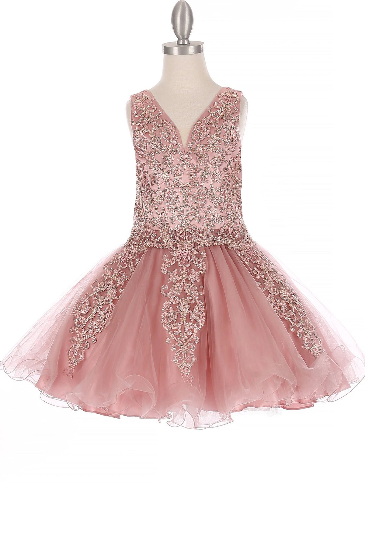Showcasing with contrasting ornamental lace on the bodice, this Dusty Rose kids party dress displays elegant detail.