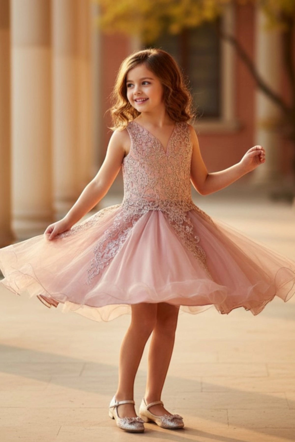 Detailed by a flared tulle skirt, the Dusty Rose kids party dress reveals its construction.