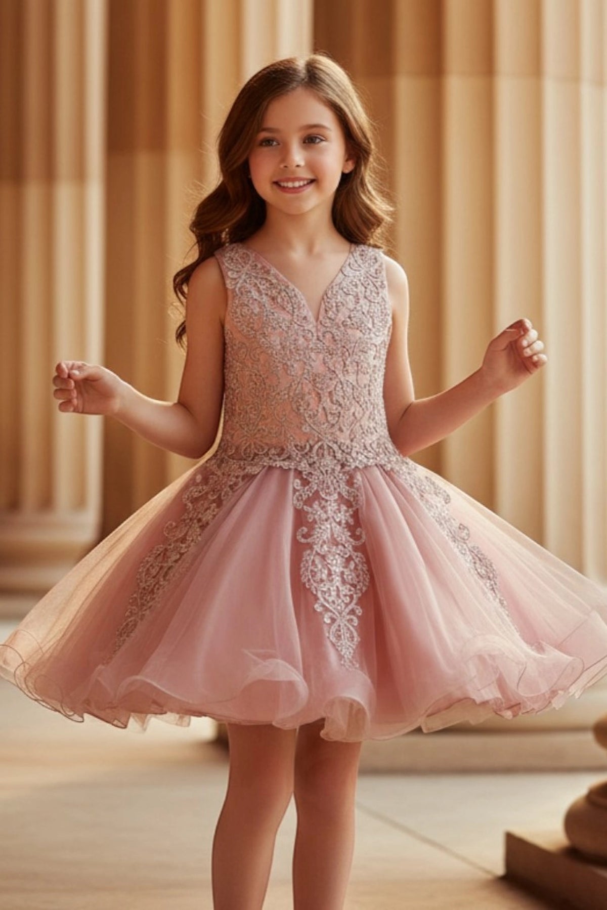 Accented a flared tulle skirt adds character to this Dusty Rose kids party dress.