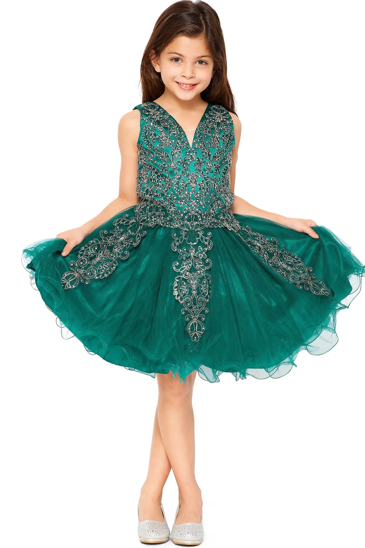 Finished details of a flared tulle skirt distinguish the Hunter Green kids party dress.
