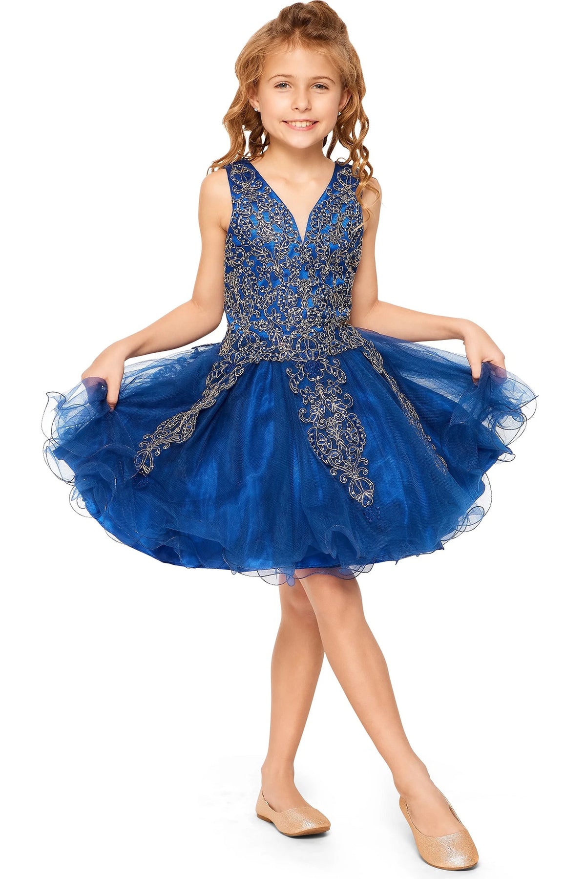 Detailed by contrasting ornamental lace on the bodice, the Navy kids party dress reveals its construction.