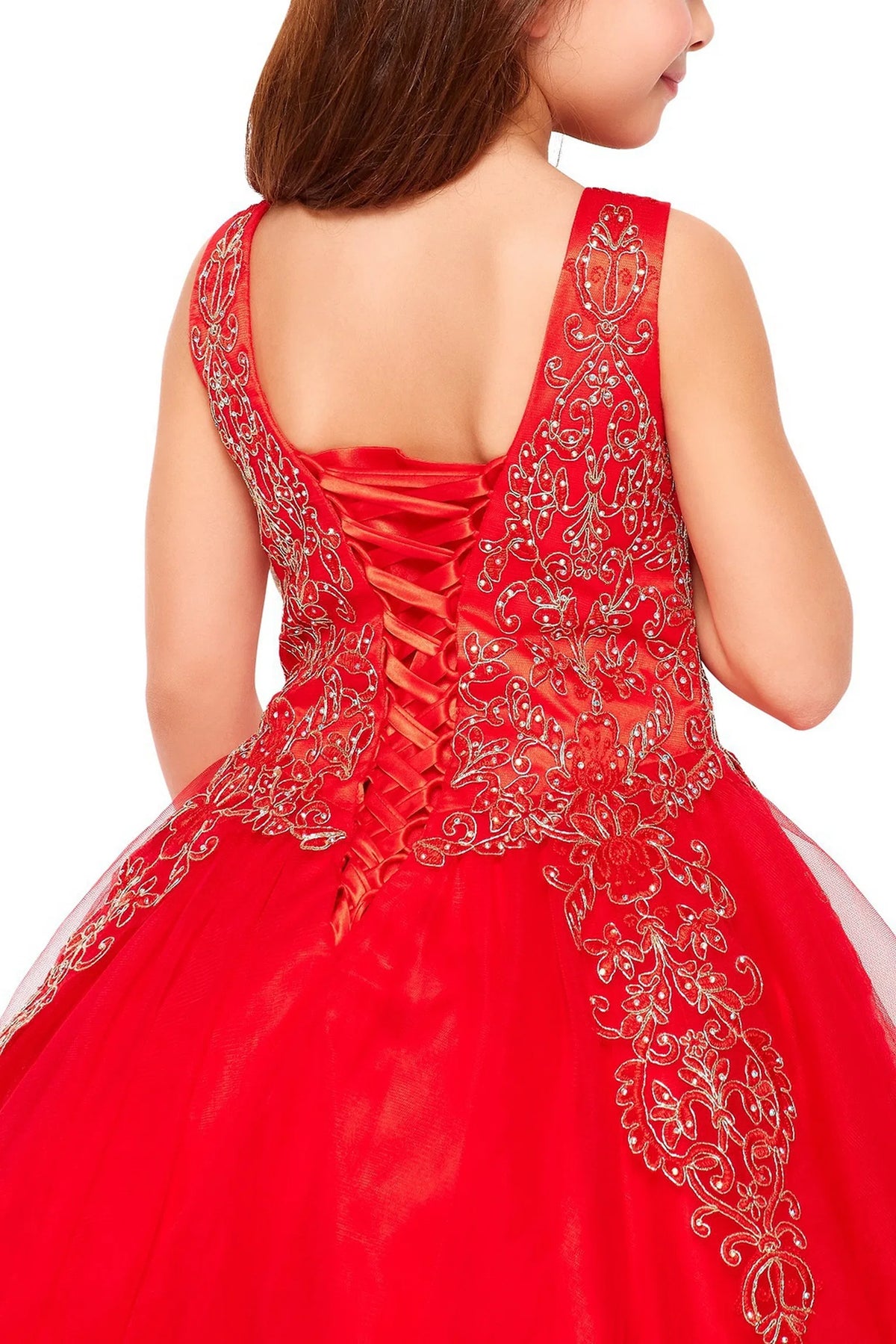 Showcasing with a V-shaped back with ornamental lace, this Red kids party dress displays elegant detail.