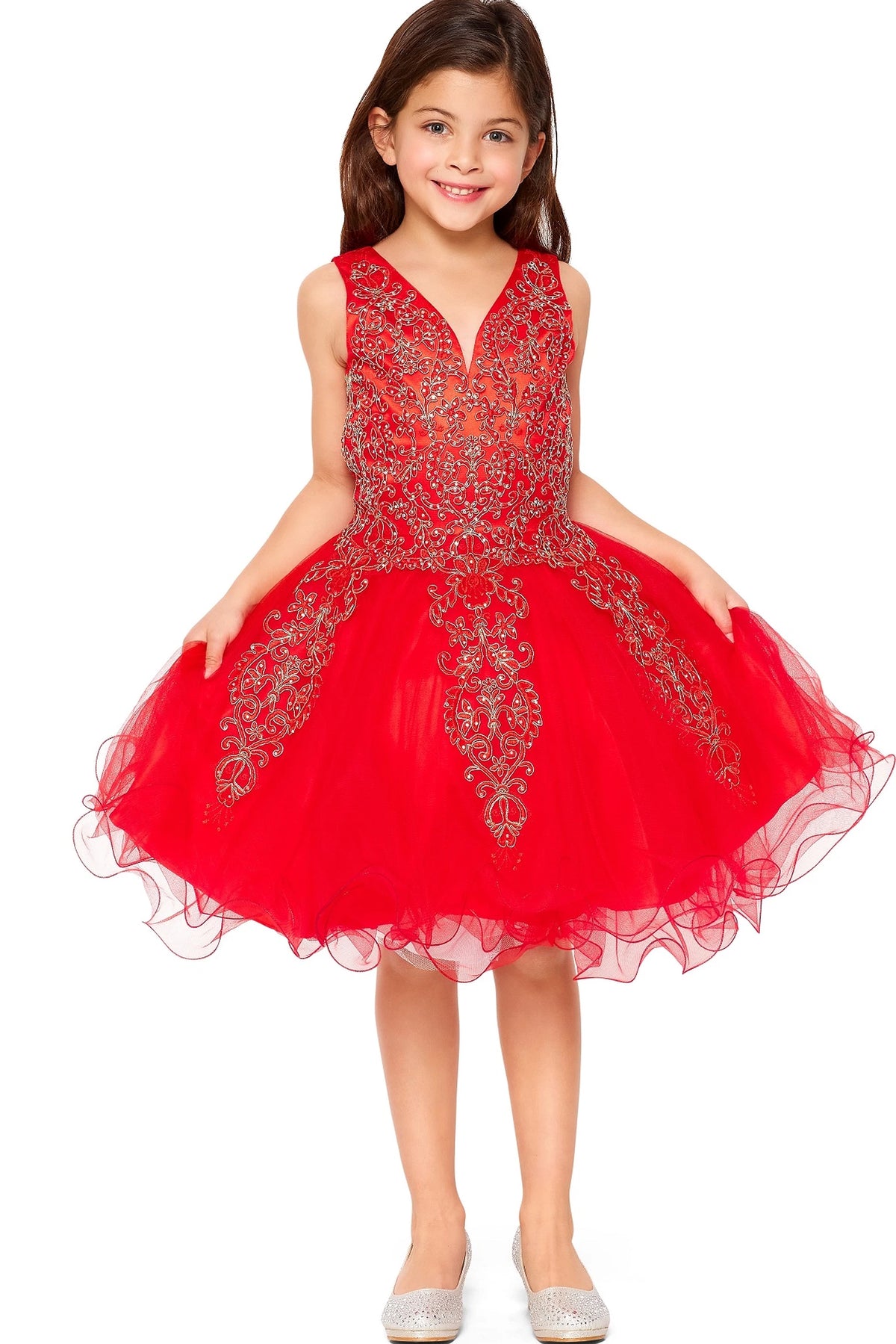 Accented a flared tulle skirt adds character to this Red kids party dress.