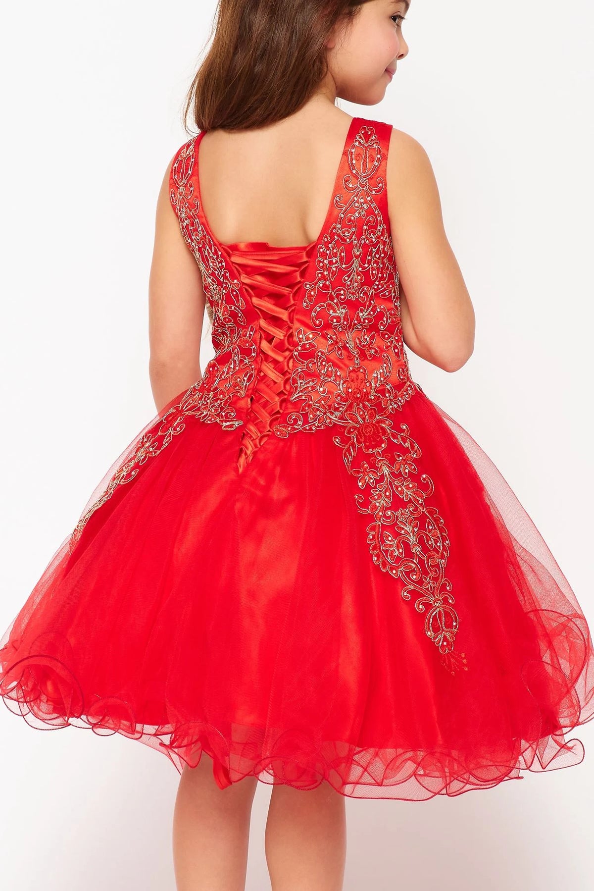 Finished details of a V-shaped back with ornamental lace distinguish the Red kids party dress.