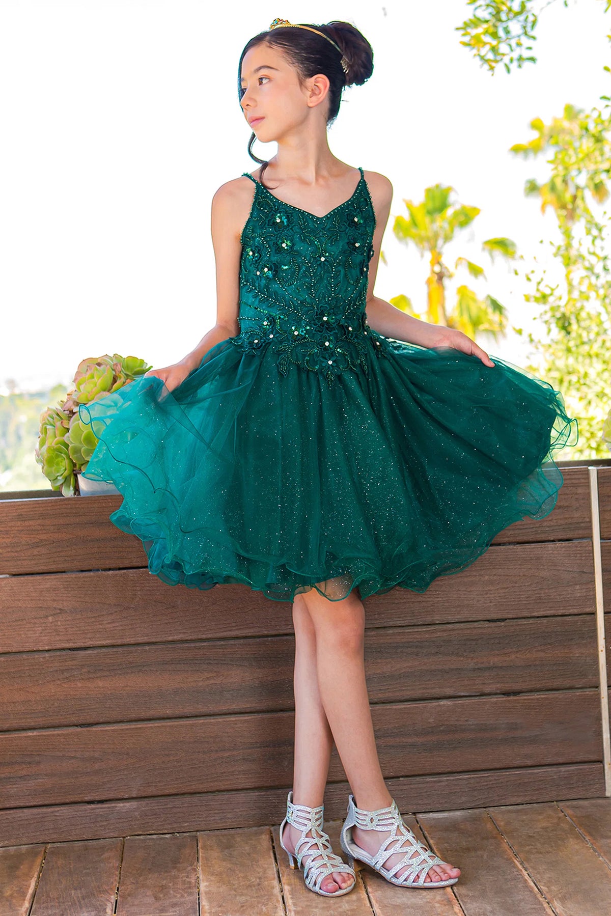 Showcasing with floral beadwork across the bodice, this Hunter Green kids party dress displays elegant detail.