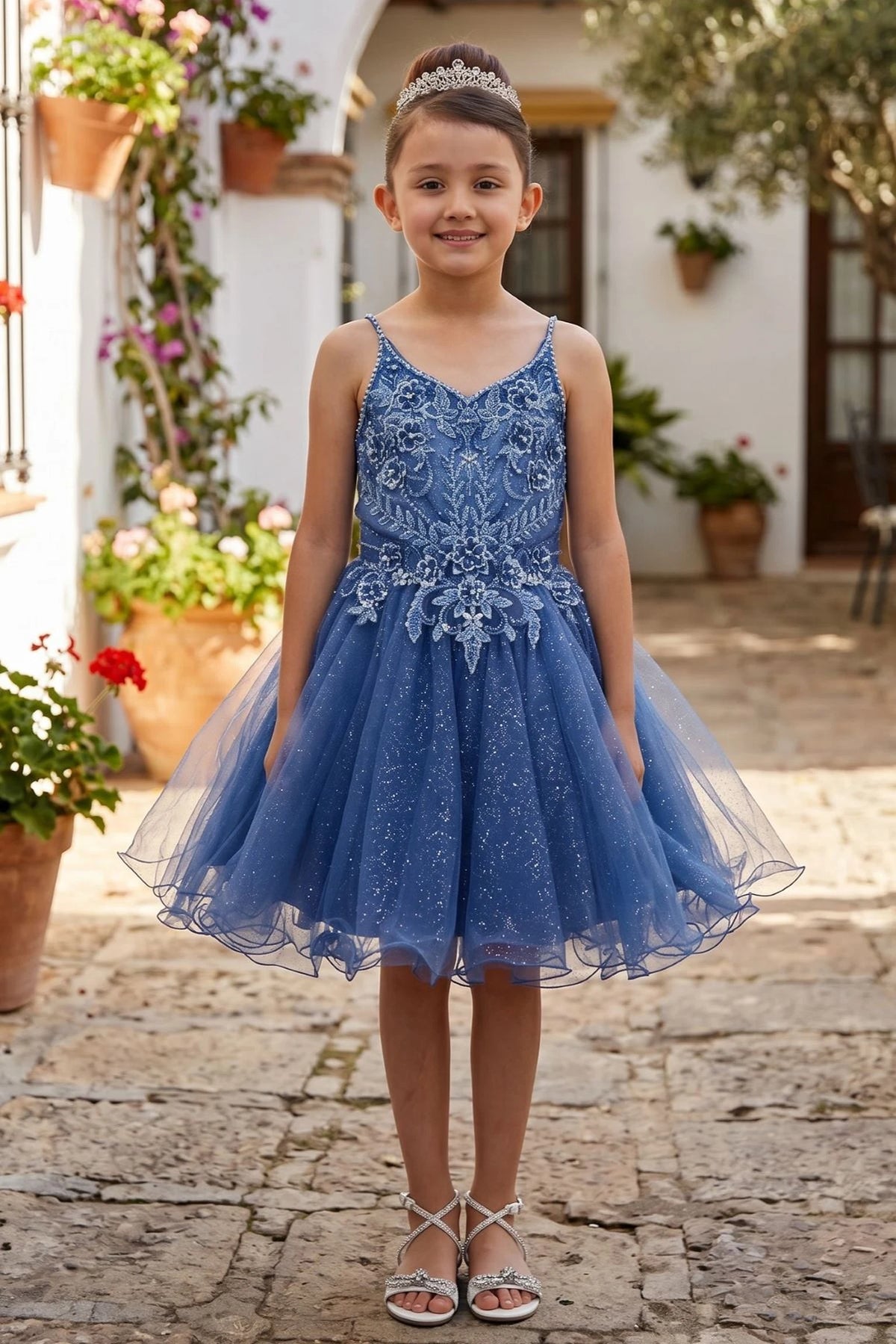 Smoky Blue kids party dress with floral beadwork and a sparkling tulle skirt.