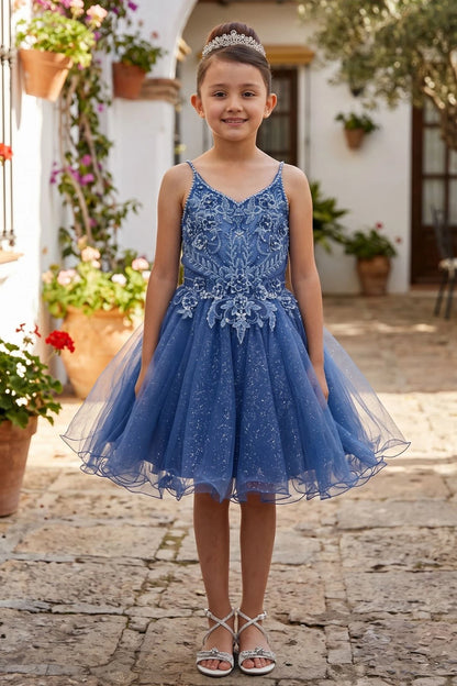 Smoky Blue kids party dress with floral beadwork and a sparkling tulle skirt.