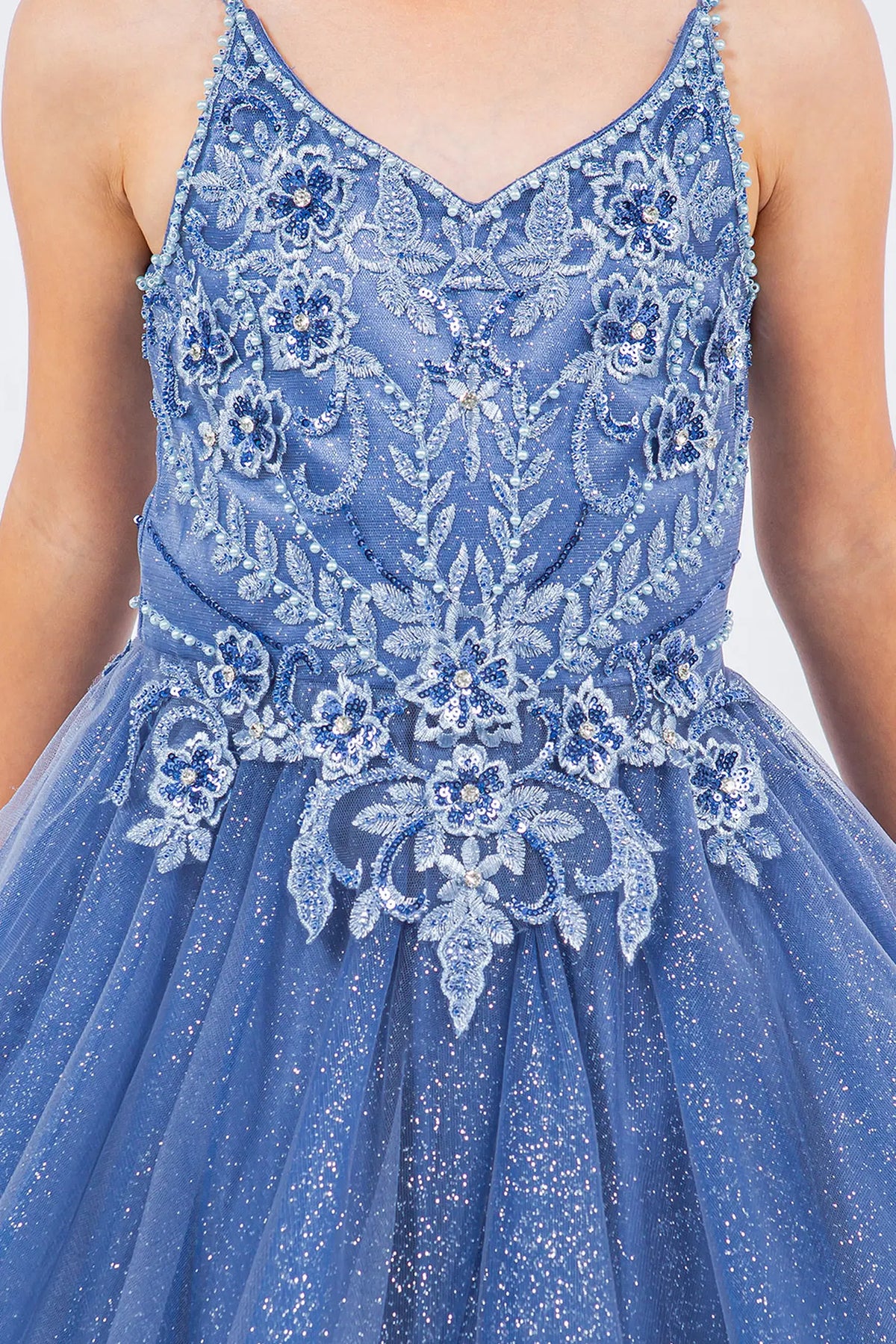 Floral beadwork frames the V-neck bodice on this Smoky Blue kids party dress.