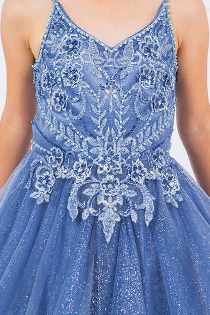 Floral beadwork frames the V-neck bodice on this Smoky Blue kids party dress.