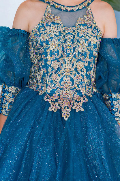 Gold lace descends from the neckline over the Peacock kids party dress bodice.