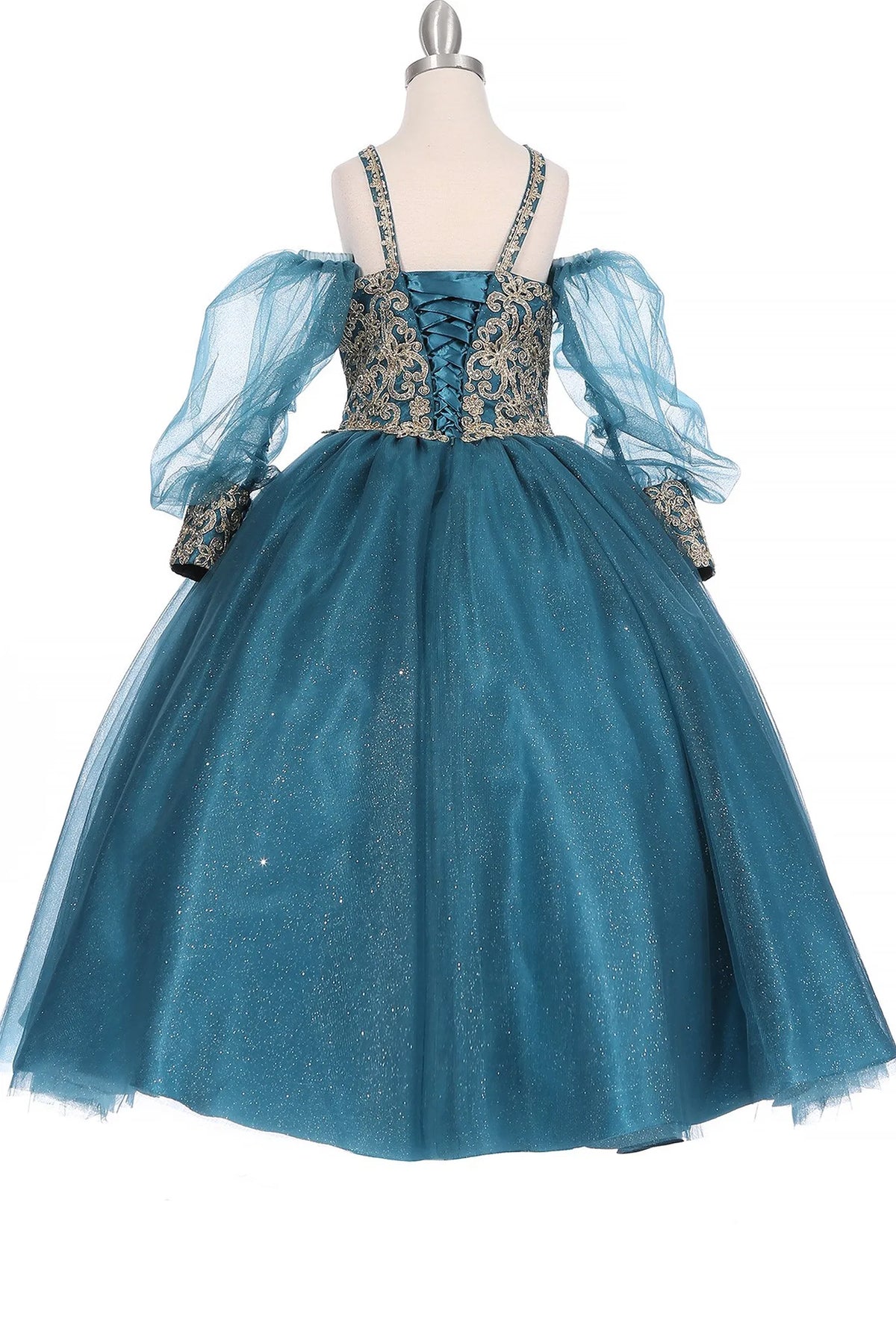 Layered tulle and translucent sleeves shape this Peacock kids party dress from the back.