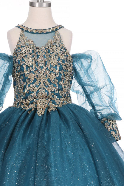 Floral embroidery outlines the neckline of this Peacock kids party dress.