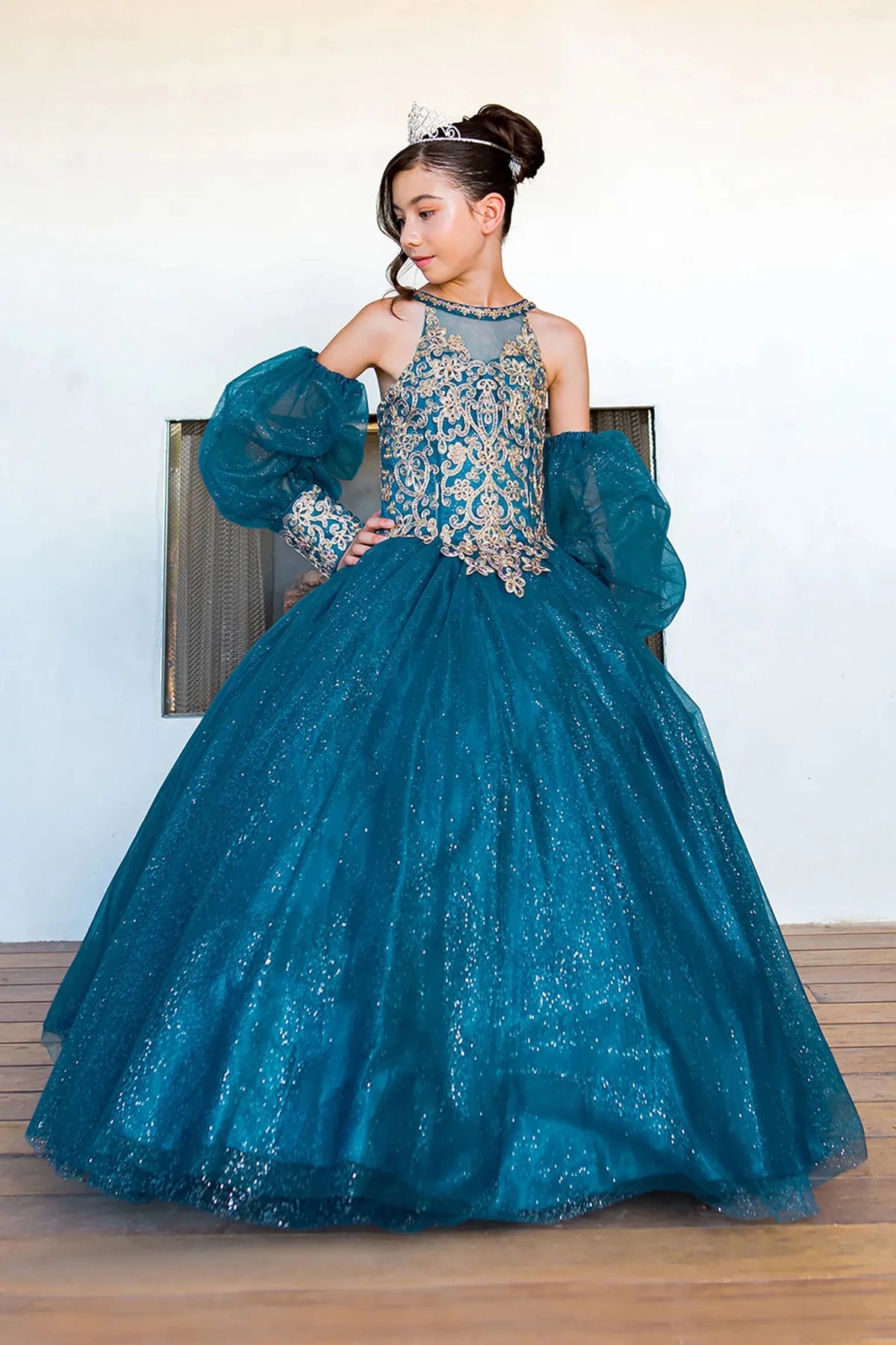 Front view of peacock mini quince dress with glitter tulle gold applique bodice beading and detachable sheer puff sleeves.