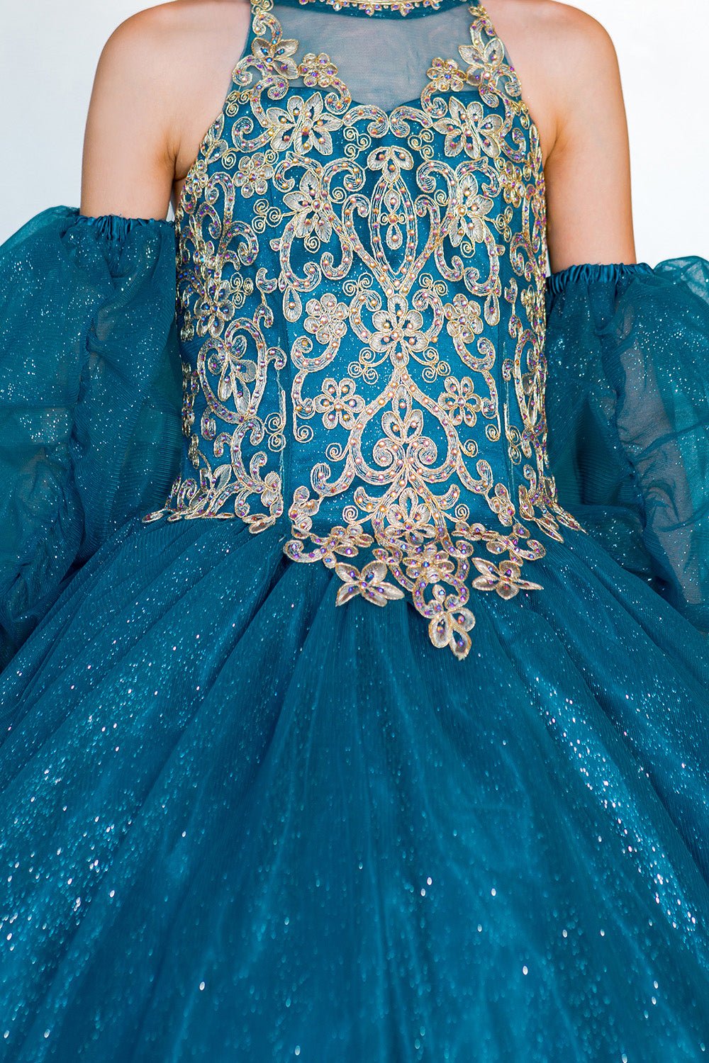 Peacock mini quince dress with glitter tulle gold applique bodice and detachable sheer puff sleeves.