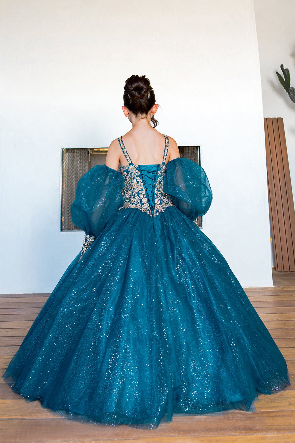 Peacock mini quince dress with glitter tulle detachable sheer puff sleeves and back view.