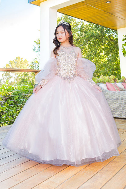 Front view of a kid wearing blush mini quince dress with glitter tulle detachable sheer puff sleeves and tiara
