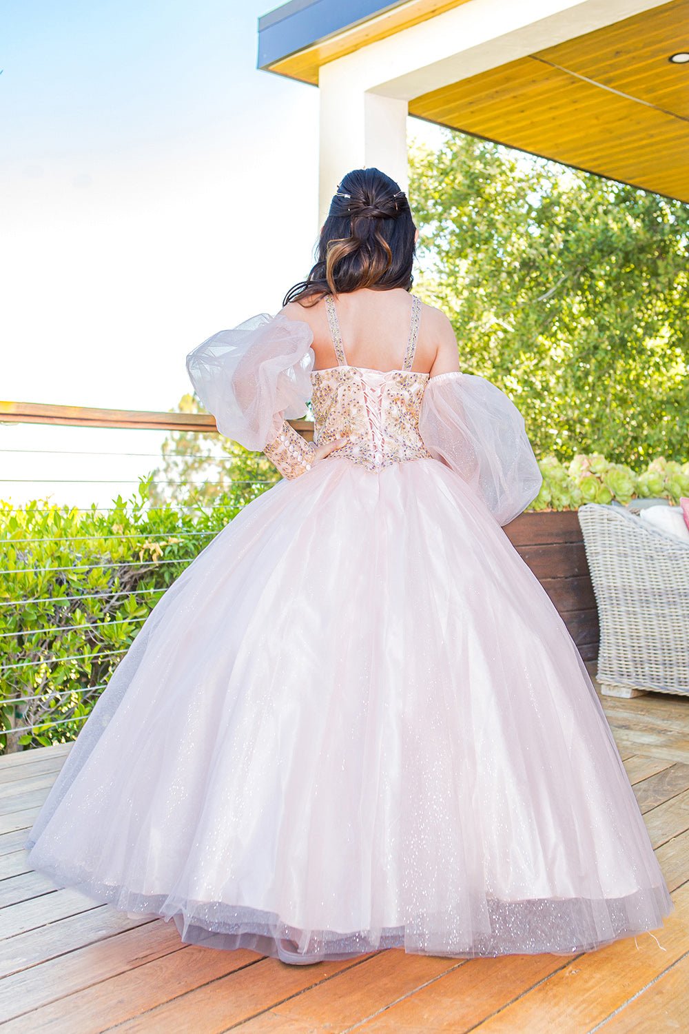 Blush mini quince dress with glitter tulle detachable sheer puff sleeves and back detail.