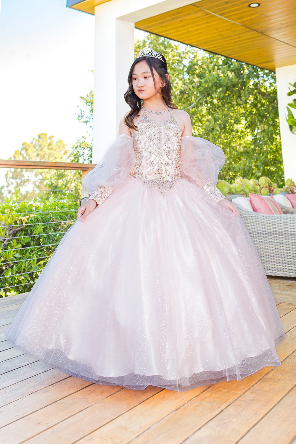 Front view of blush mini quince dress with glitter tulle detachable sheer puff sleeves.