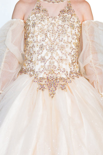 Front view of a kid wearing champagne mini quince dress with glitter tulle detachable sheer puff sleeves