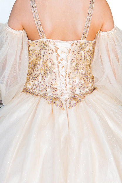 Close-up back view of champagne mini quince dress with glitter tulle detachable sheer puff sleeves and lace-up back