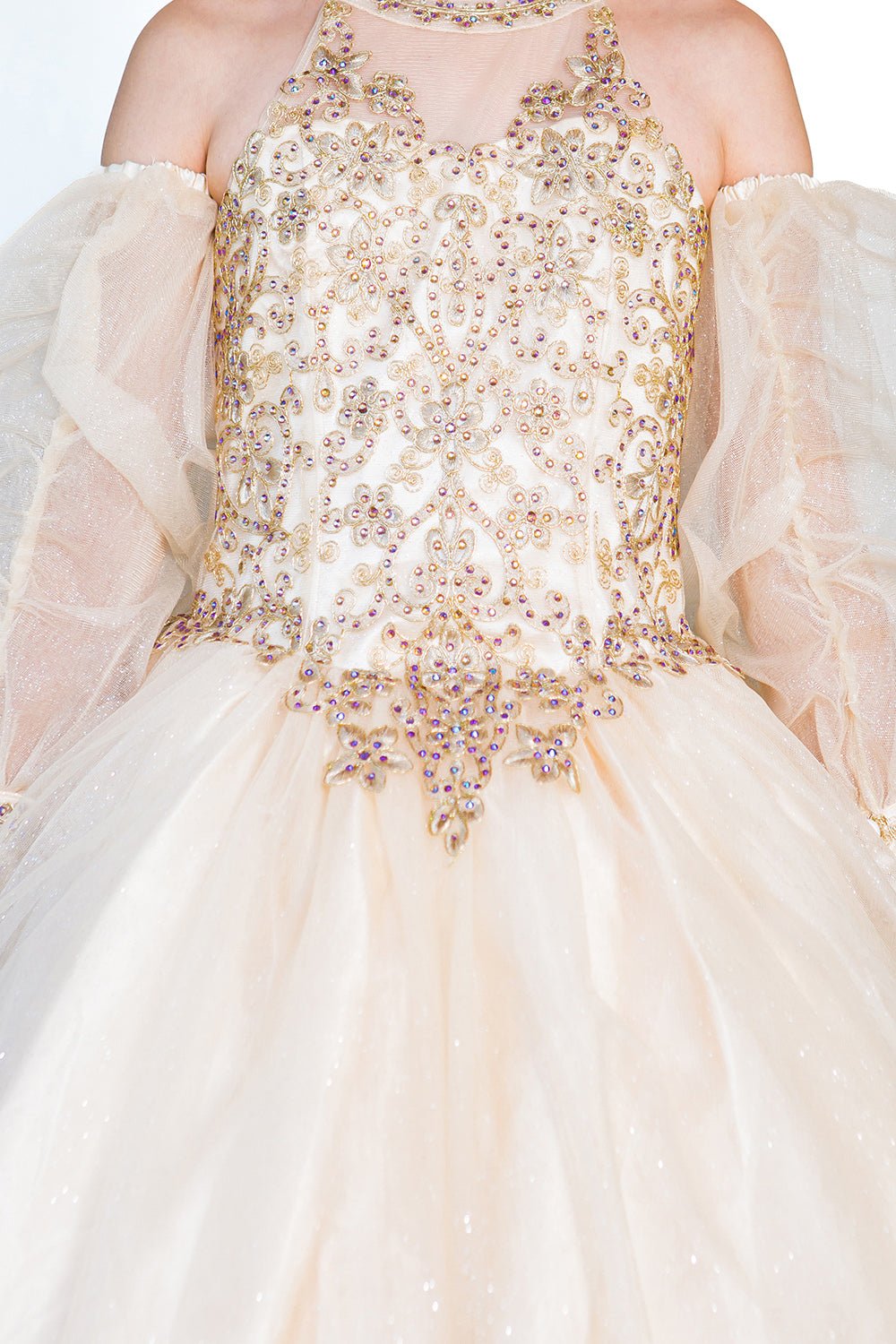 Front view of champagne mini quince dress with glitter tulle detachable sheer puff sleeves.