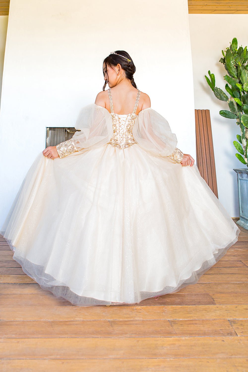 Champagne mini quince dress with glitter tulle detachable sheer puff sleeves and back detail.