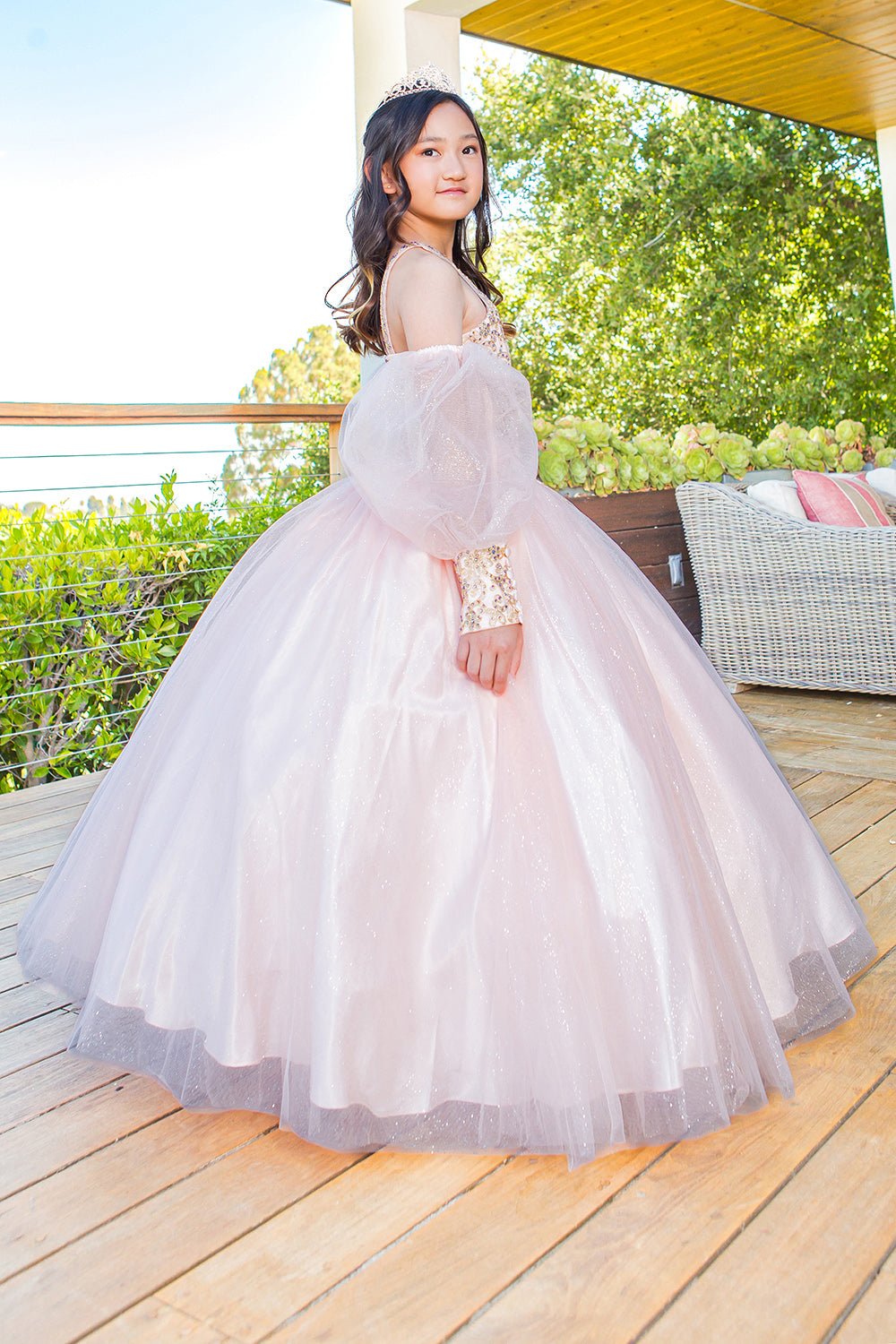 Mini Quince | Blush Full Length Glitter Tulle with Detachable Sheer Puff Sleeves Mini Quinceanera 3 Anos Dresses side