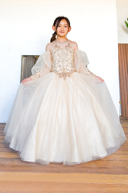 Mini Quince | Champagne Full Length Glitter Tulle with Detachable Sheer Puff Sleeves Mini Quinceanera 3 Anos Dresses front