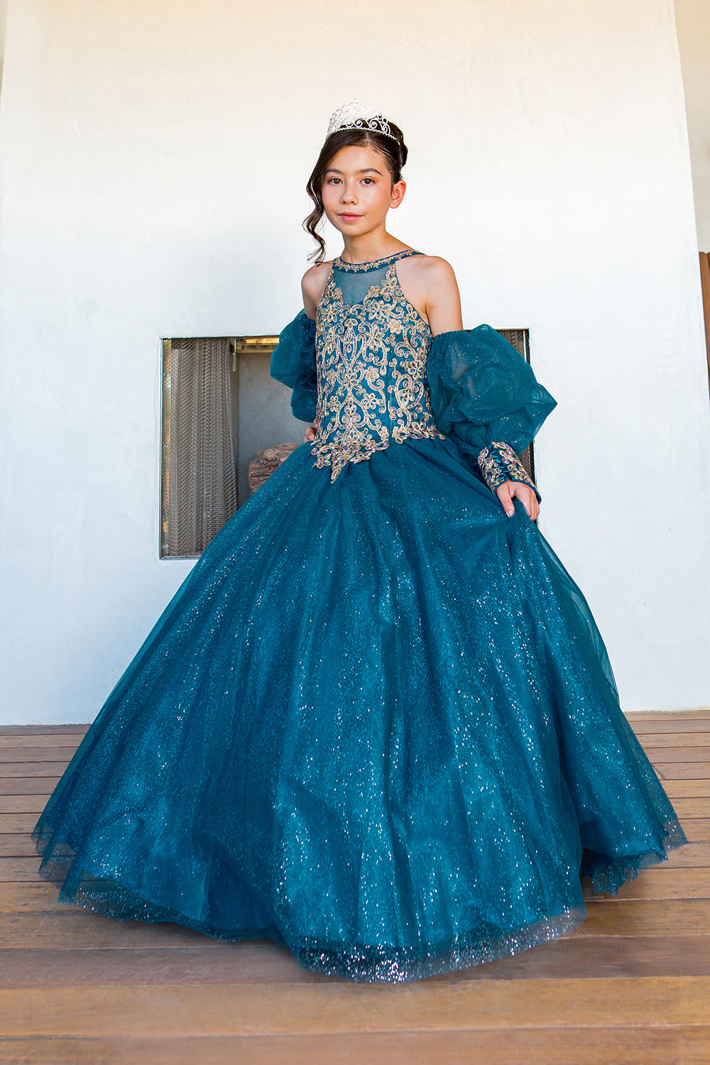 Mini Quince | Peacock Full Length Glitter Tulle with Detachable Sheer Puff Sleeves Mini Quinceanera 3 Anos Dresses side front