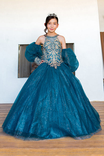 Mini Quince | Peacock Full Length Glitter Tulle with Detachable Sheer Puff Sleeves Mini Quinceanera 3 Anos Dresses with puffs