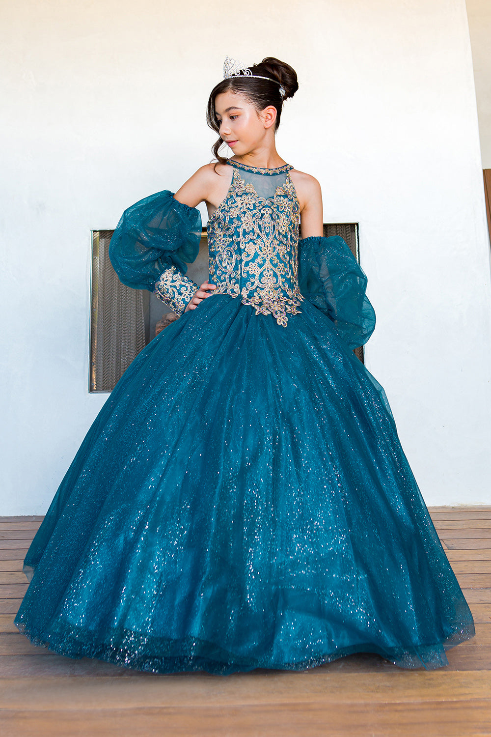 Mini Quince | Peacock Full Length Glitter Tulle with Detachable Sheer Puff Sleeves Mini Quinceanera 3 Anos Dresses whole view