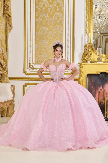 Front view of pink quinceañera ball gown with sweetheart corset bodice, off-the-shoulder floral straps, crystal embellishments, and full glitter tulle skirt.