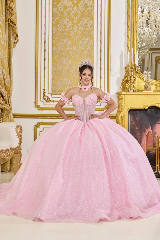 Front view of pink quinceañera ball gown with sweetheart corset bodice, off-the-shoulder floral straps, crystal embellishments, and full glitter tulle skirt.