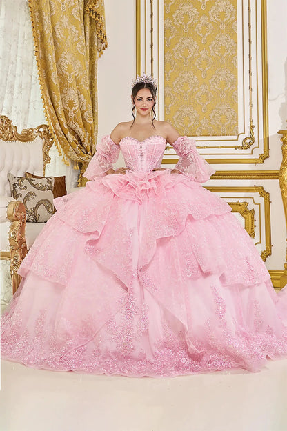 Front view of pink quinceañera ball gown with off-the-shoulder puff sleeves, sweetheart corset bodice, and layered glitter tulle skirt with ruffle details.