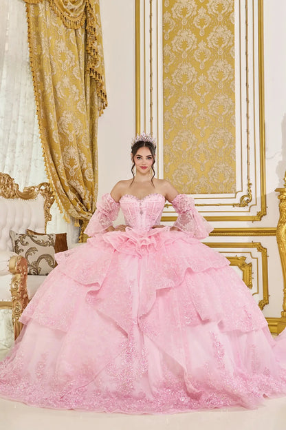 Front view of pink quinceañera ball gown with off-the-shoulder puff sleeves, sweetheart corset bodice, and layered glitter tulle skirt with ruffle details.
