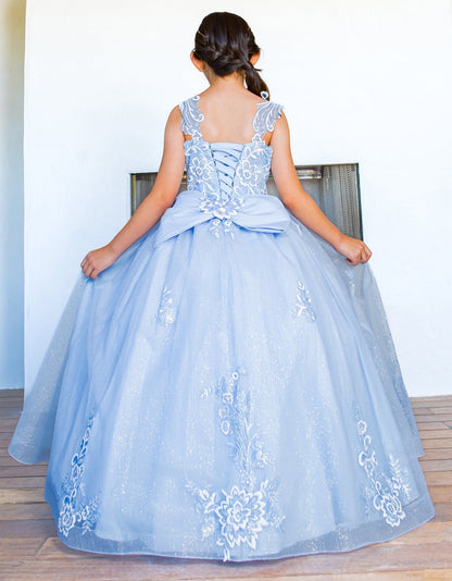 Kid wearing blue mini quince dress with sparkling fabric 3D flower puff print and detachable back ribbon