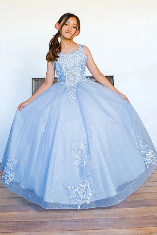 Front view of blue mini quince dress with sparkling fabric 3D flower puff print and A-line skirt.