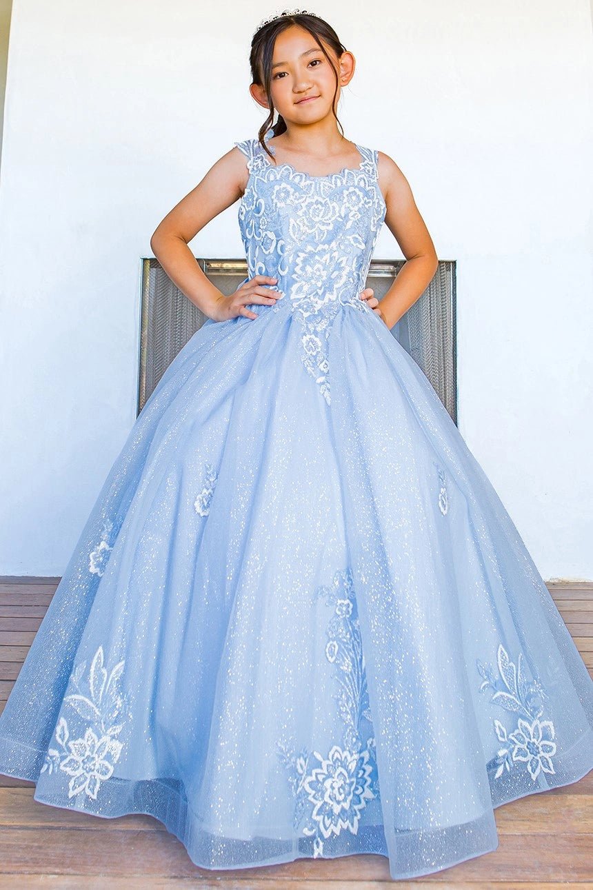 Shown in a front view, the Blue mini quince dress has sleeveless floral lace bodice and full tulle skirt.