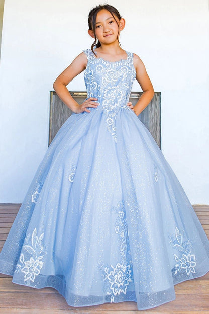 Shown in a front view, the Blue mini quince dress has sleeveless floral lace bodice and full tulle skirt.