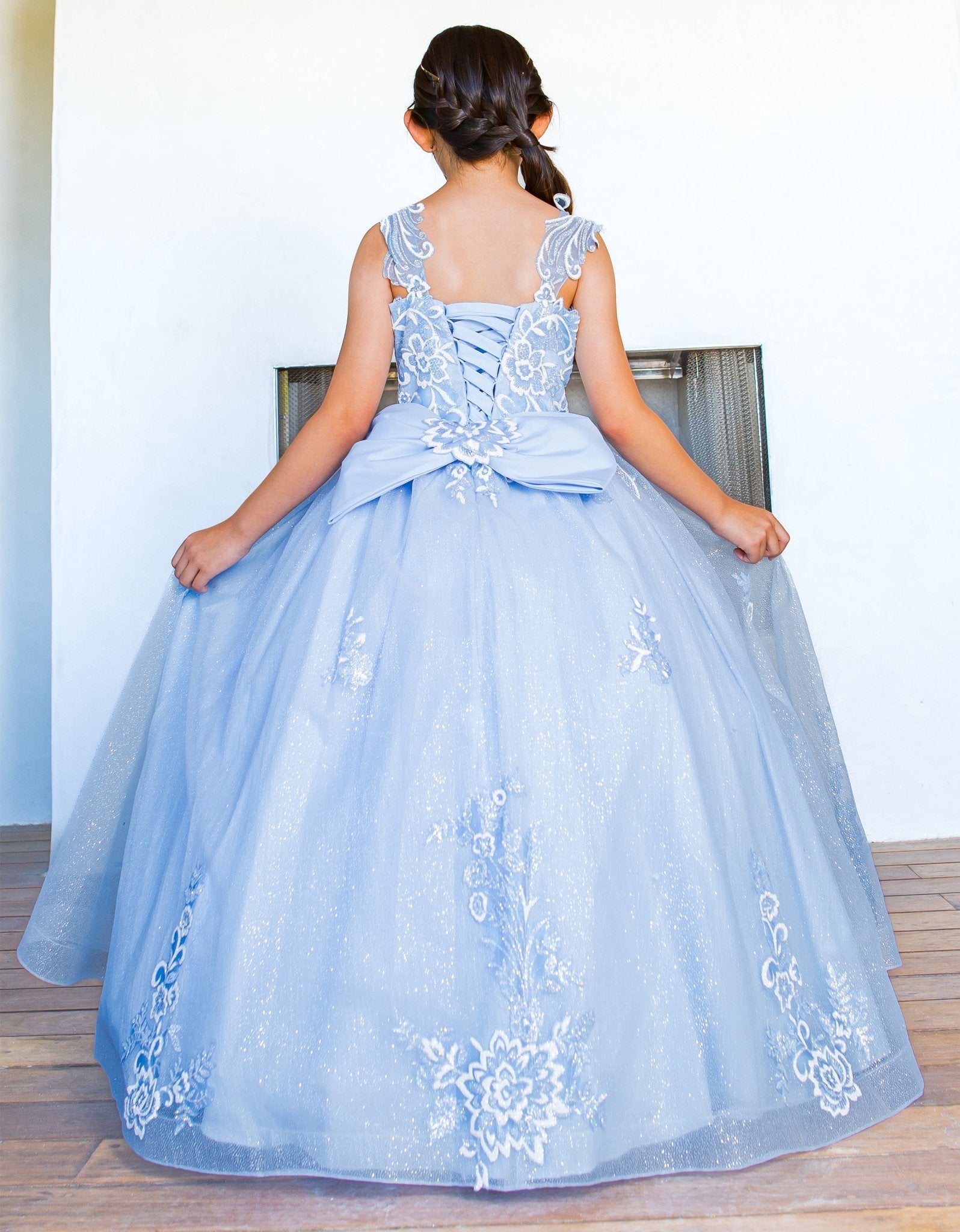 Blue mini quince dress with sparkling fabric 3D flower puff print and detachable back ribbon.