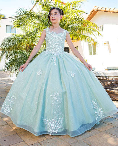 Close-up back view of sage mini quince dress with 3D sparkling fabric 3D flower puff print detachable ribbon