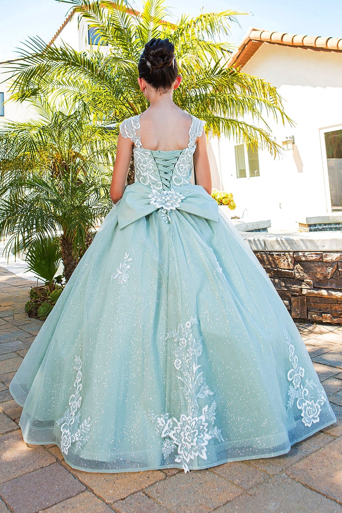 Sage mini quince dress with 3D sparkling fabric 3D flower puff print detachable back ribbon.