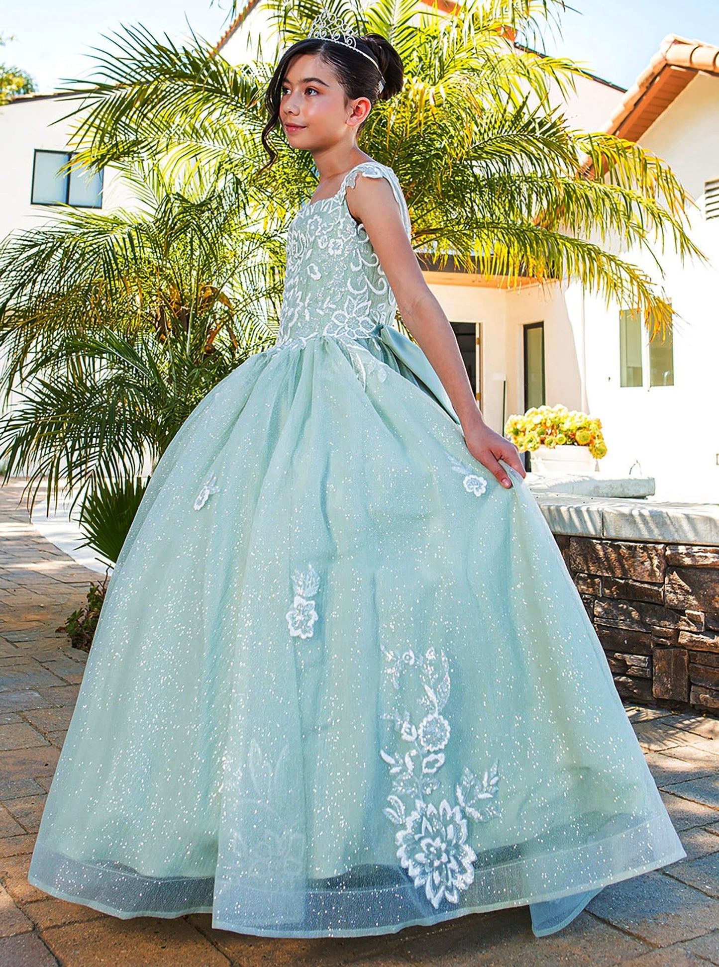 Sage mini quince dress with white floral embroidery formal gown style.