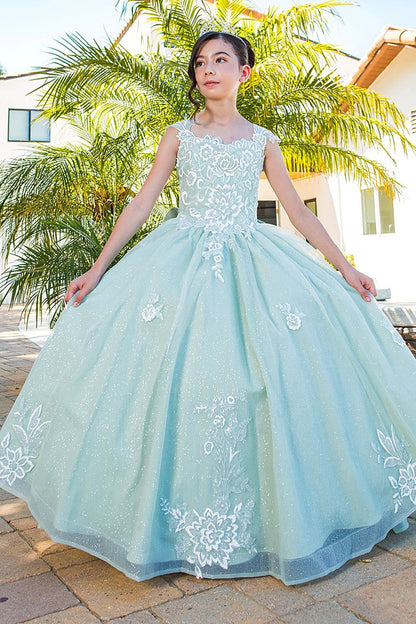 Back detail shows sage mini quince dress with 3D sparkling fabric 3D flower puff print detachable ribbon.