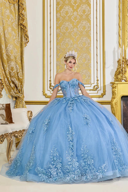 Front view of smoky blue quinceañera ball gown with off-the-shoulder neckline, sweetheart corset bodice, and full glitter tulle skirt adorned with floral lace appliqués.