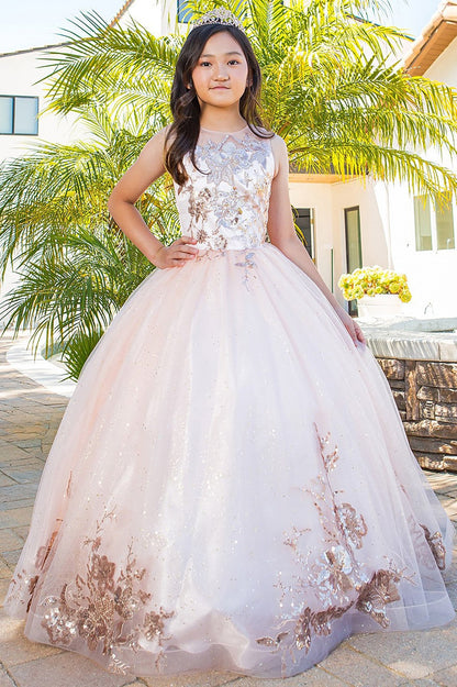 Kid wearing blush mini quince dress with glitter tulle fitted bodice and tiara