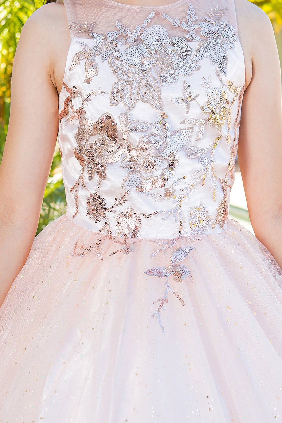 Blush mini quince dress with glitter tulle fitted bodice and front zoom detail.